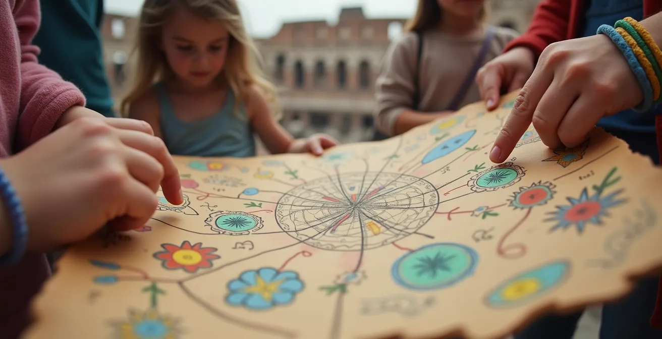 Bambini con zaini da esploratori consultano una mappa del tesoro davanti al Colosseo