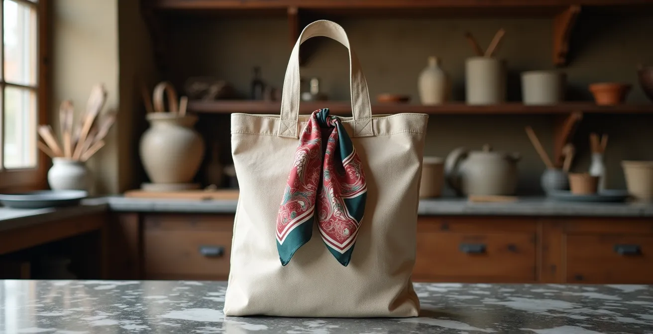 Borsa in tela neutra trasformata con foulard vintage italiano annodato artisticamente
