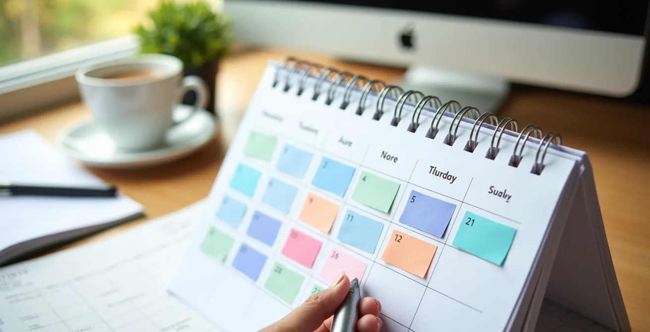 Calendario da tavolo con giorni evidenziati colorati, vista dall'alto con penna e caffè