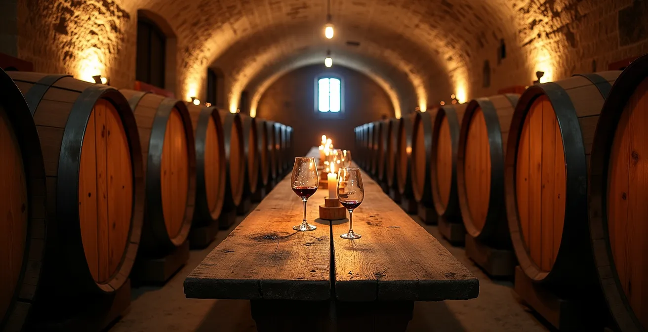 Antica cantina italiana con botti di legno e tavolo rustico per degustazioni