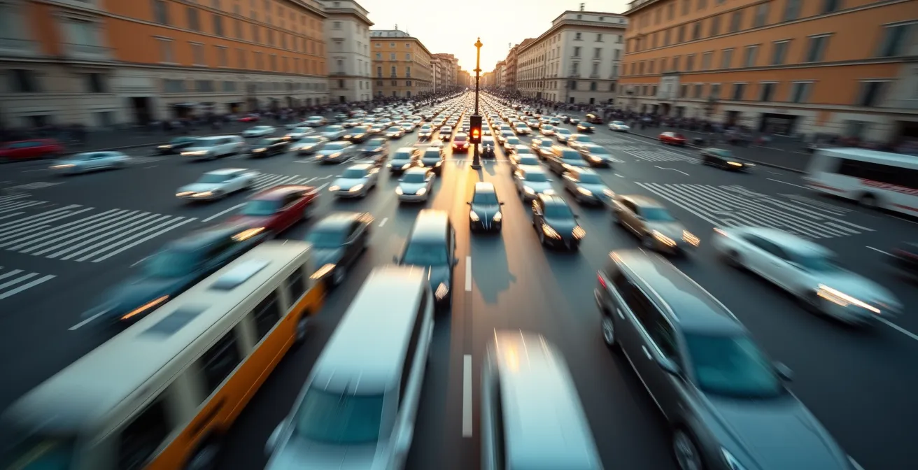 Vista aerea di Piazza Venezia a Roma con traffico intenso e un semaforo in primo piano nitido