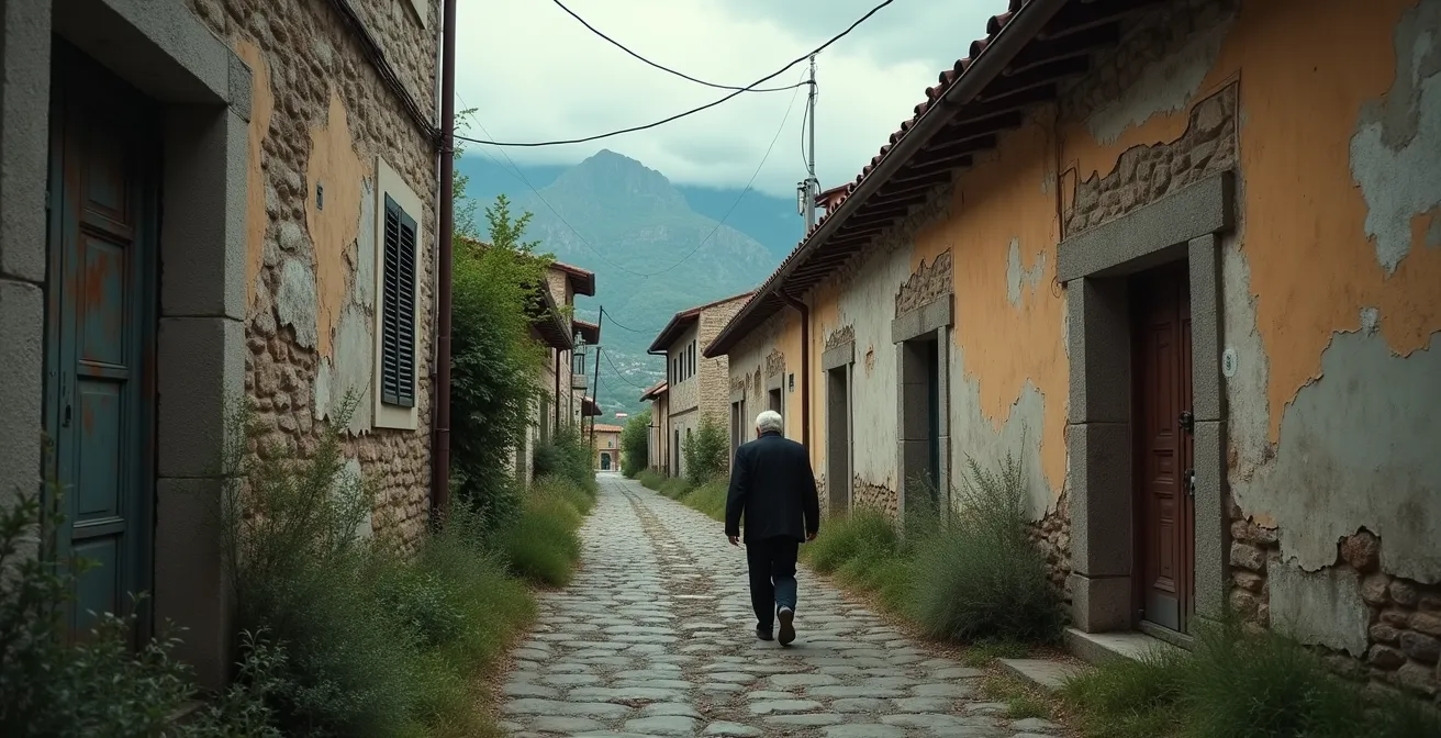 Borgo italiano deserto con case abbandonate al tramonto