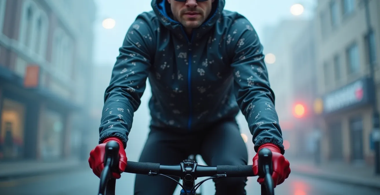 Ciclista con abbigliamento tecnico invernale riflettente nella nebbia mattutina milanese