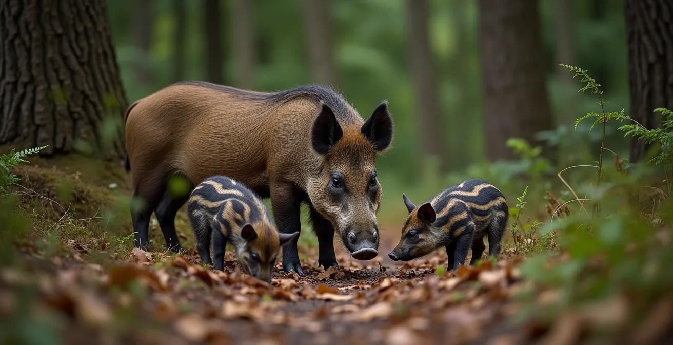 Scrofa con cuccioli striati nel sottobosco appenninico a distanza di sicurezza