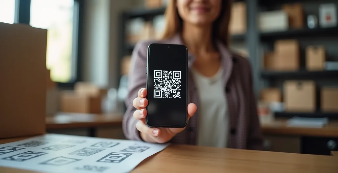 Smartphone che mostra un codice QR presso un punto di ritiro pacchi