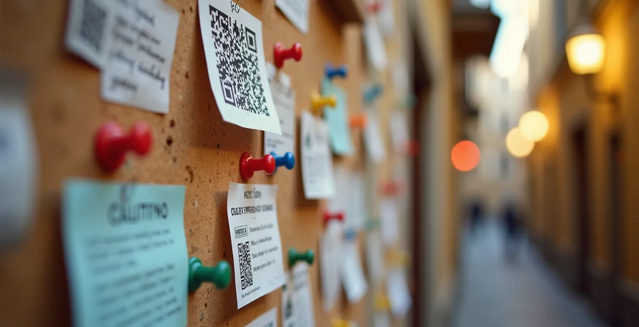 Bacheca condominiale italiana con avvisi colorati e residenti di diverse età che si informano