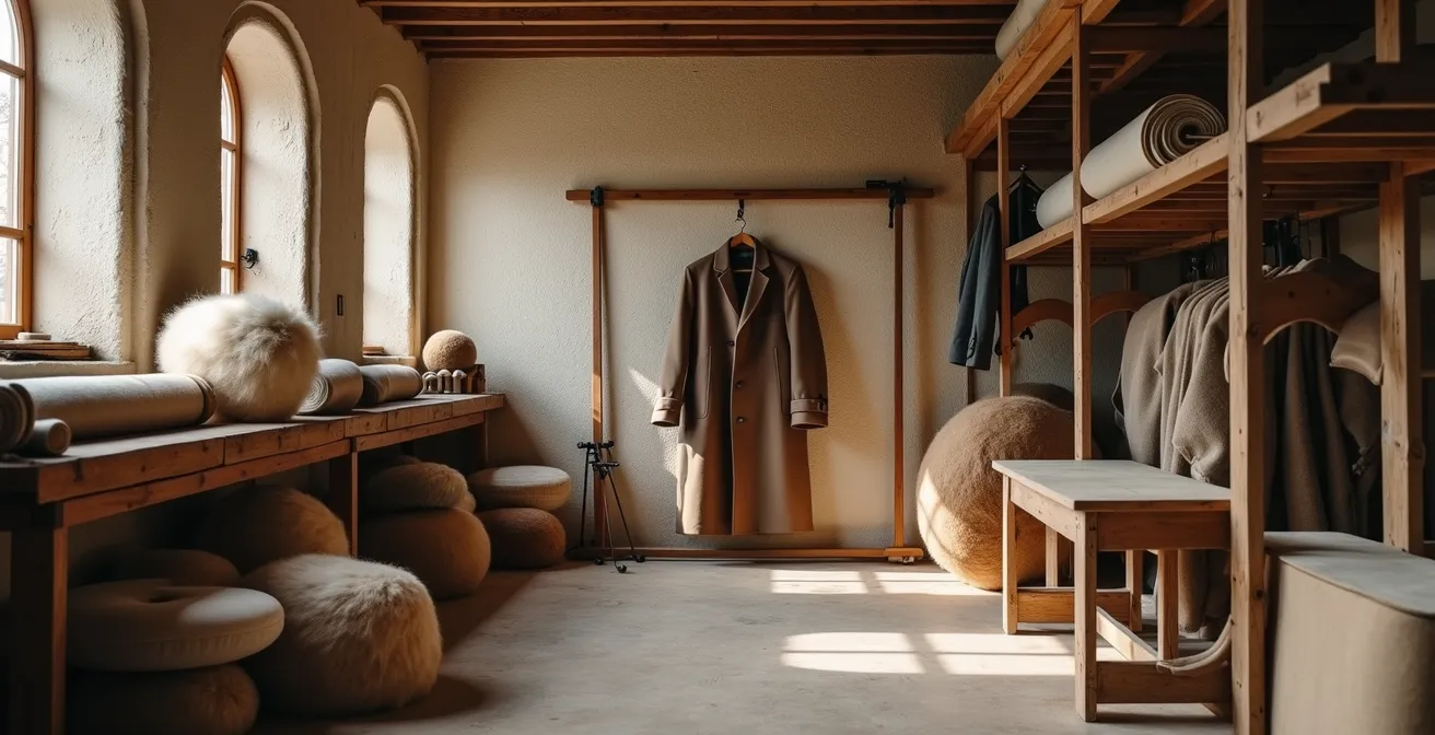 Cappotto in lana pregiata del Biellese appeso accanto a tessuti e filati di qualità in un atelier italiano