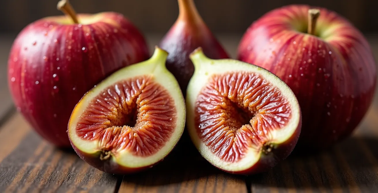 Fichi freschi italiani e mele rosse su tavolo di legno con luce naturale