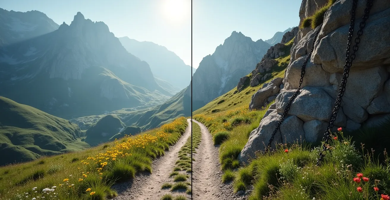 Comparazione visuale tra inizio sentiero apparentemente facile e passaggio tecnico esposto