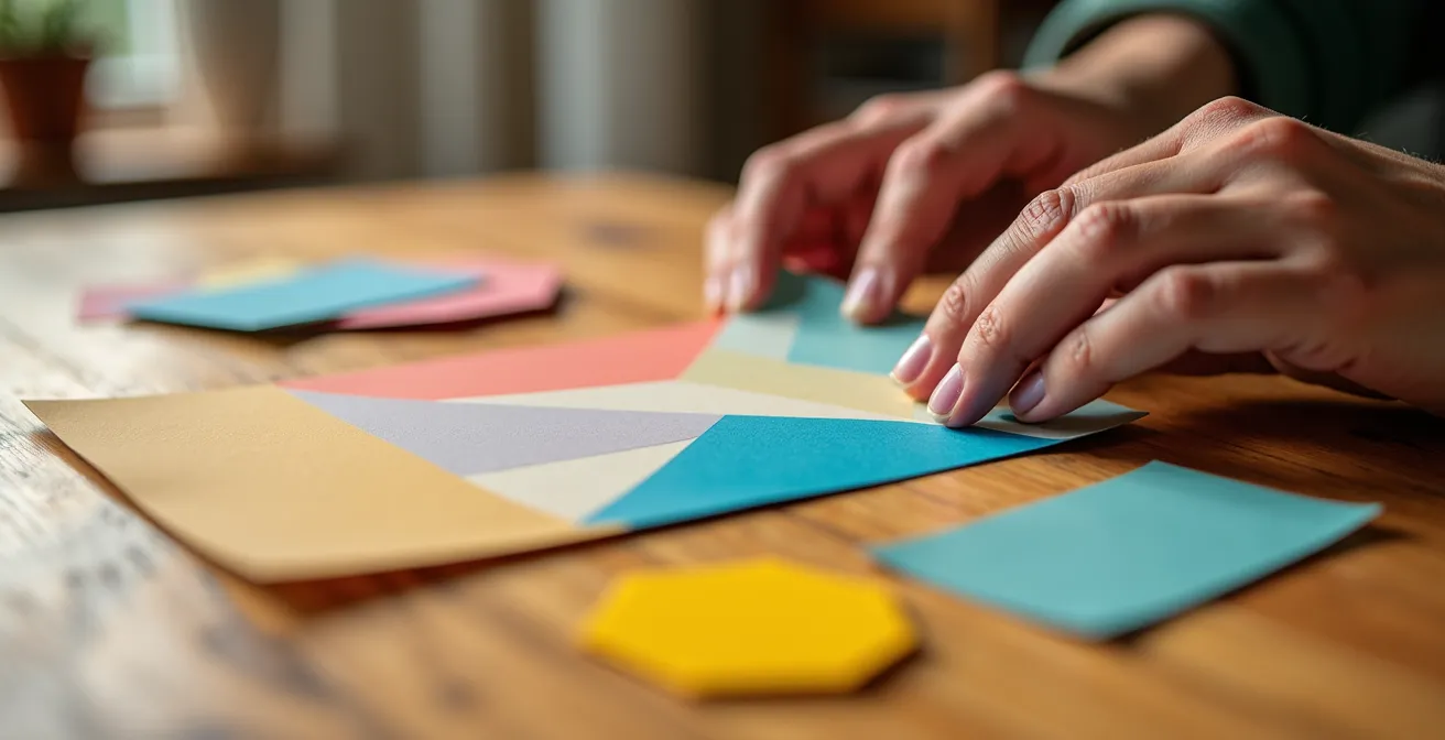 Mani che organizzano carte colorate su tavolo di legno in stile kanban