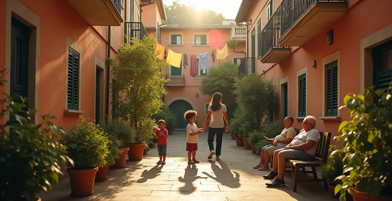 Cortile condominiale italiano con famiglie di diverse culture che condividono serenamente lo spazio comune