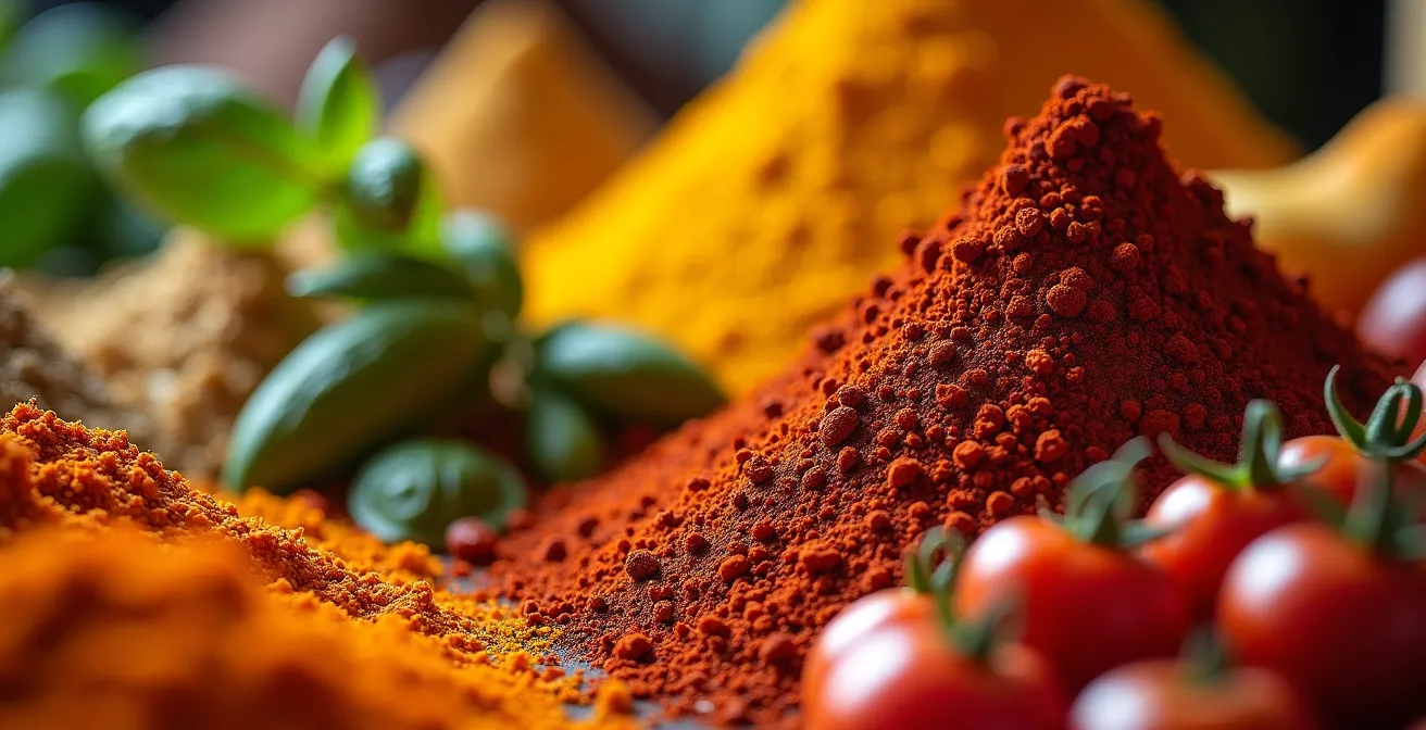 Banco di mercato italiano con prodotti tipici locali accanto a spezie e ingredienti etnici