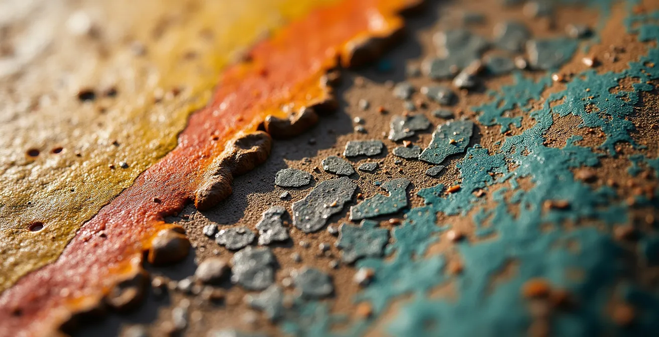 Dettaglio ravvicinato di un affresco antico che mostra i segni del degrado causato dal tocco ripetuto delle mani