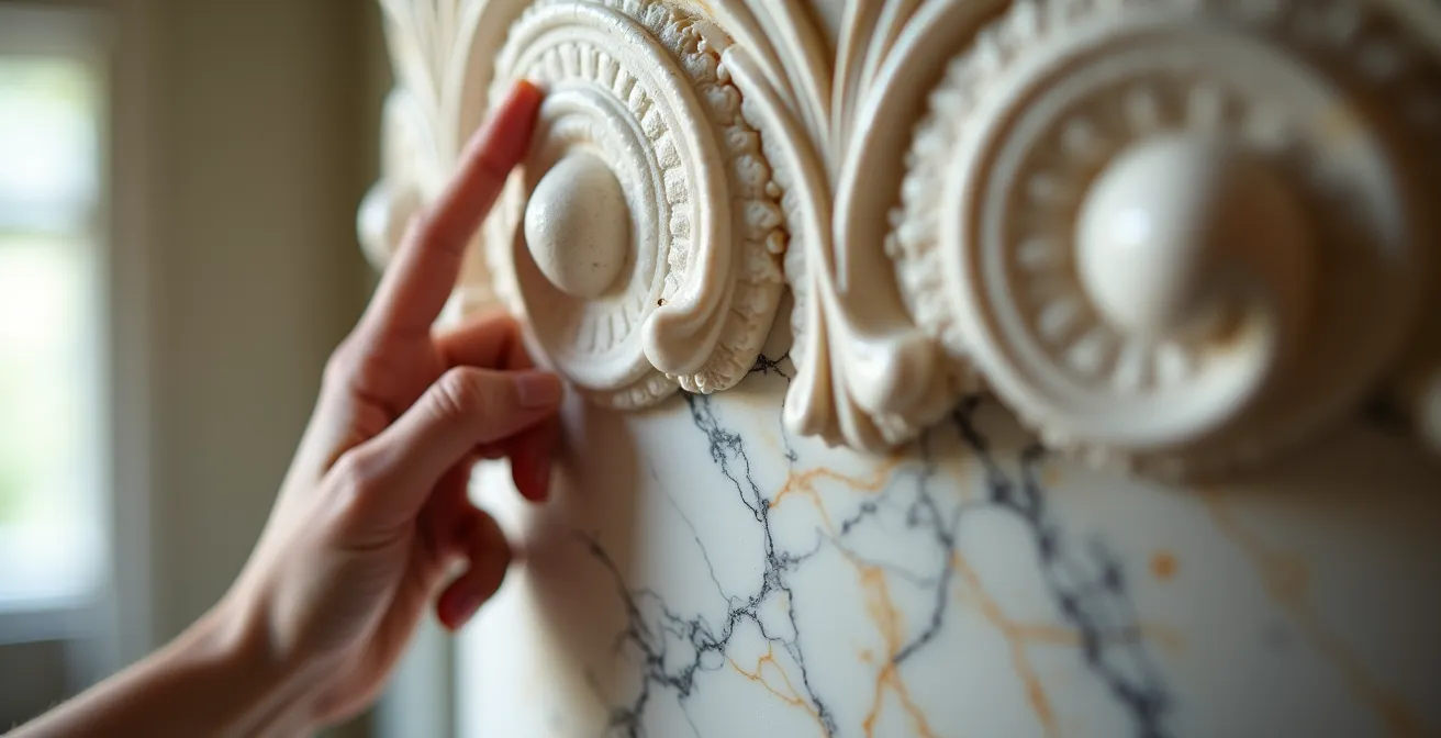 Primo piano di una mano che tocca una colonna per sentire la differenza tra marmo freddo e stucco a temperatura ambiente
