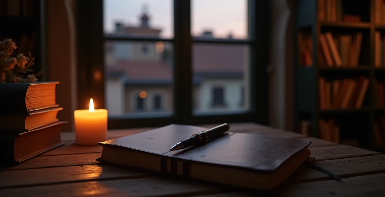 Scrivania serale con diario chiuso, penna e candela accesa per la riflessione stoica quotidiana