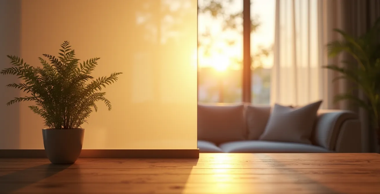 Paravento in bambù che separa delicatamente uno spazio di lavoro domestico dal soggiorno, con luce filtrata e piante verdi