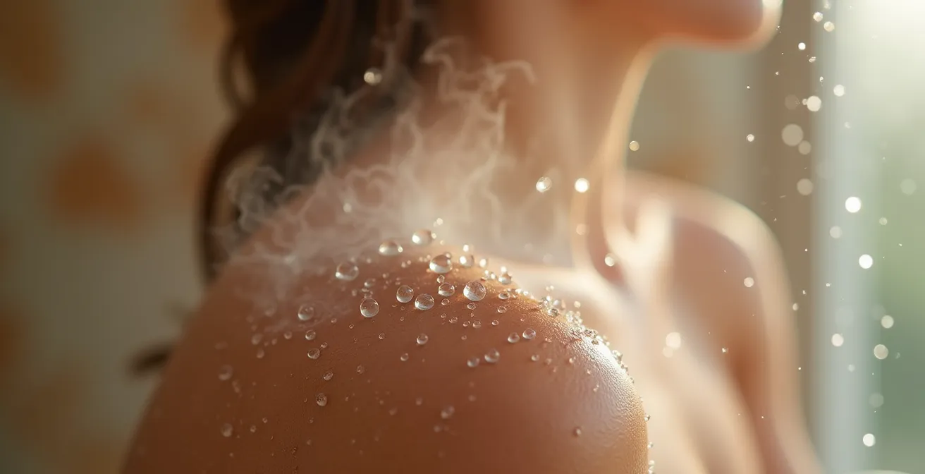 Dettaglio macro di gocce d'acqua su pelle con vapore in bagno italiano