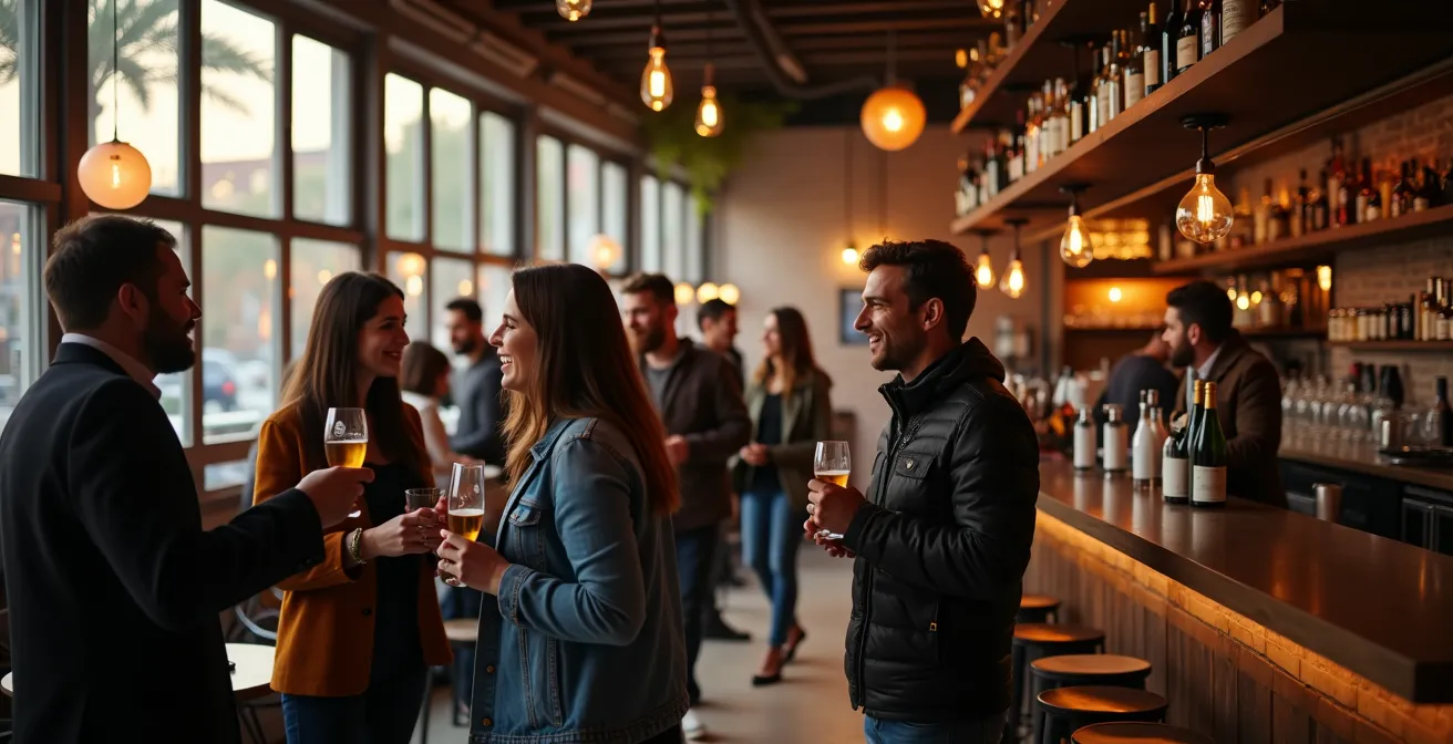 Persone che socializzano durante un aperitivo linguistico in un locale milanese