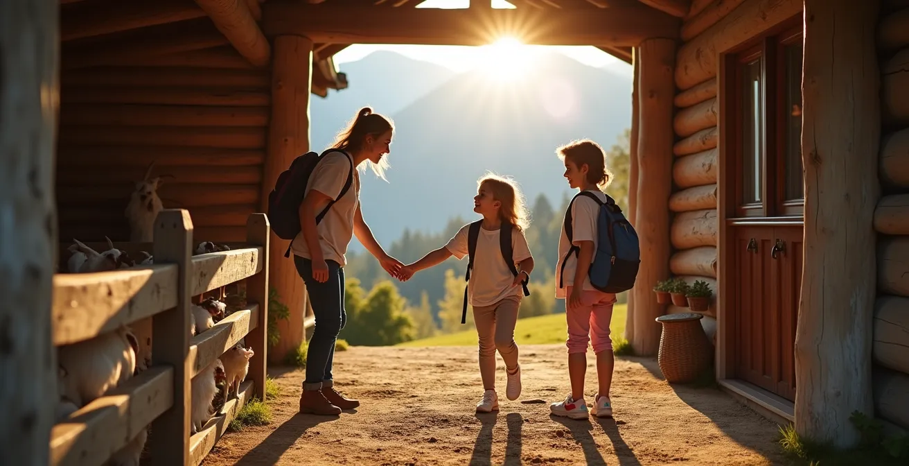 Famiglia con bambini arriva a rifugio di montagna con animali da fattoria
