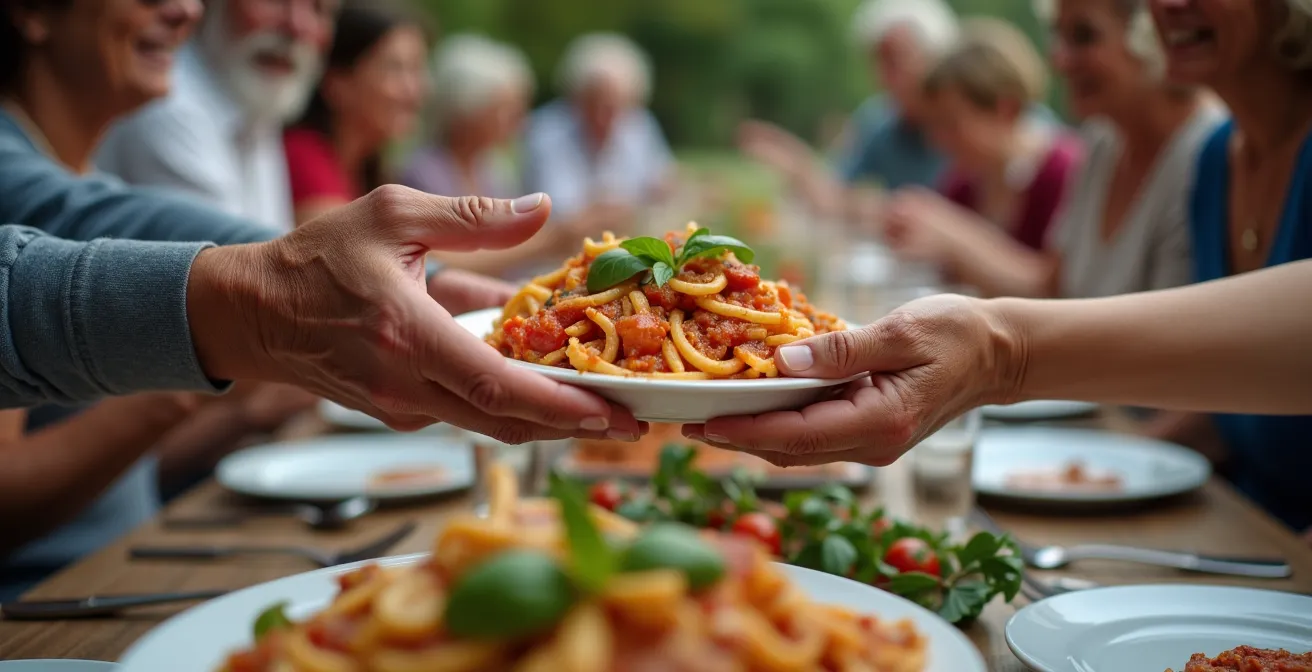 Festa di via con anziani e giovani che condividono un pranzo all'aperto