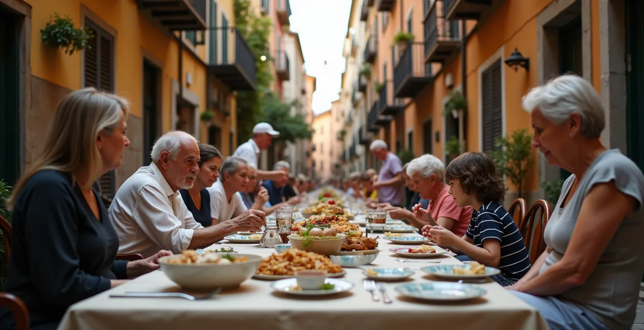 Anziani e famiglie condividono cibo tradizionale in una festa di quartiere italiana all'aperto