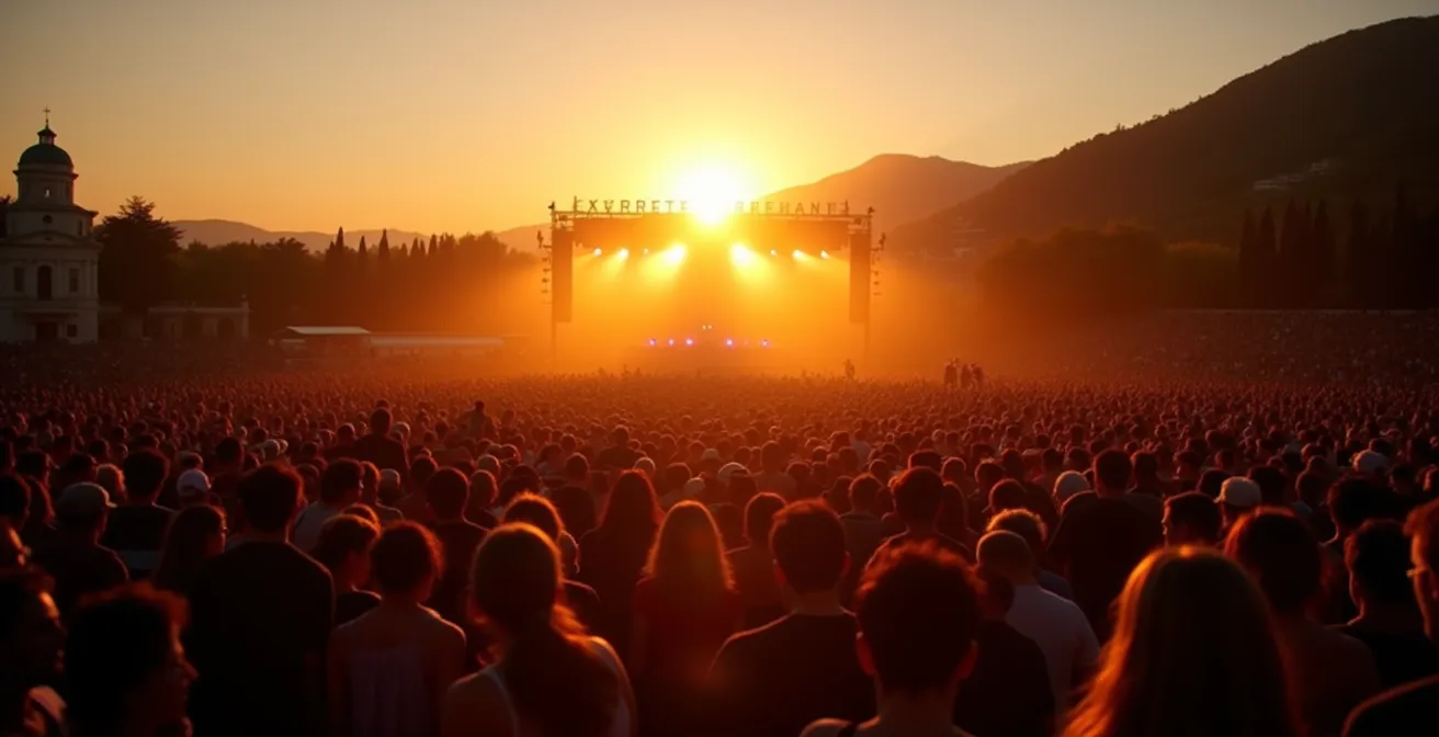 Vista panoramica di un festival musicale estivo italiano al tramonto con pubblico e palco