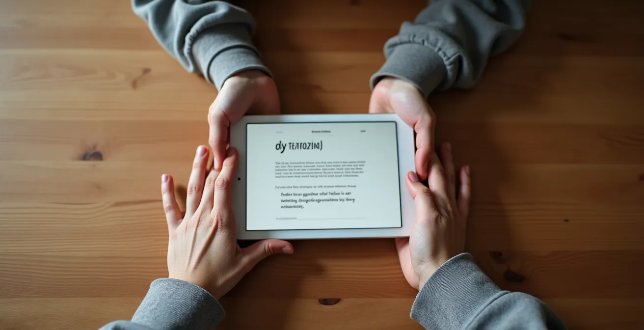 Genitore e adolescente configurano insieme le impostazioni di controllo parentale su un tablet, simbolo di collaborazione.