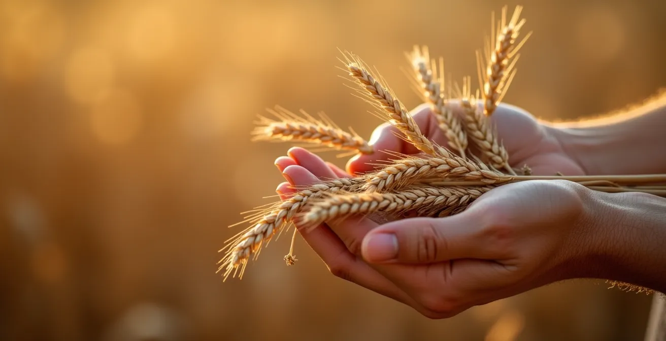 Vista macro di mani che tengono delicatamente spighe di grano dorato italiano