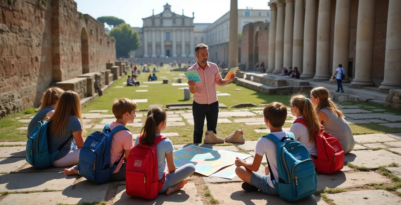 Guida turistica che mostra ricostruzioni illustrate a un gruppo di bambini nel Foro Romano