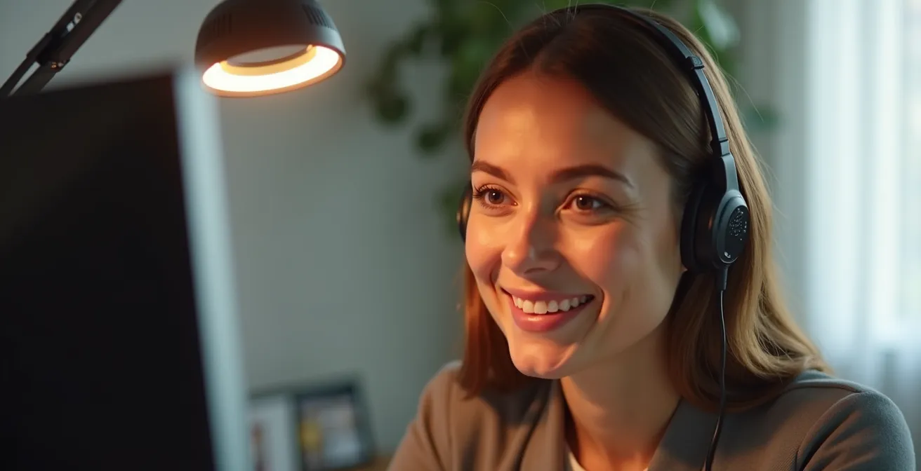 Configurazione illuminazione a 45 gradi per videochiamata con luce naturale laterale e lampada LED orientabile