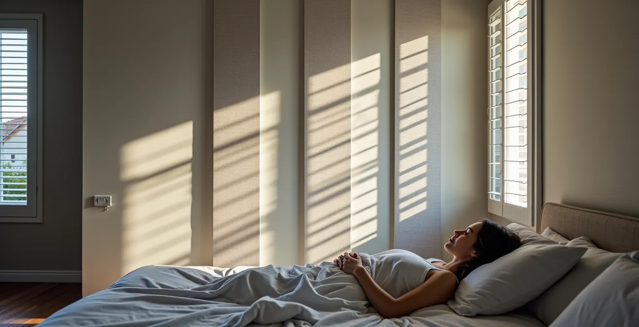 Camera da letto italiana con pannelli fonoassorbenti eleganti e piante che attutiscono i rumori