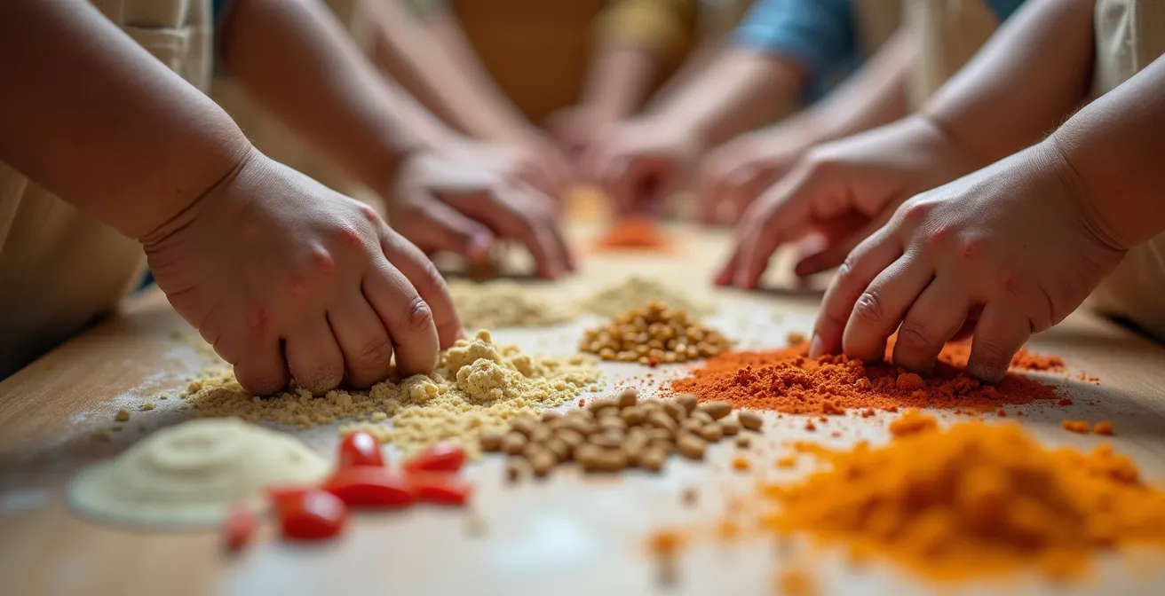 Bambini di diverse origini cucinano insieme in un laboratorio scolastico