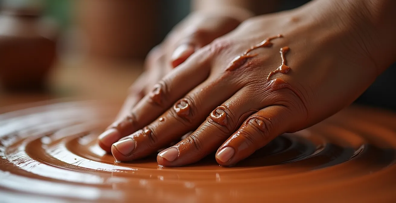 Dettaglio macro di mani che modellano l'argilla con texture visibili e luce naturale