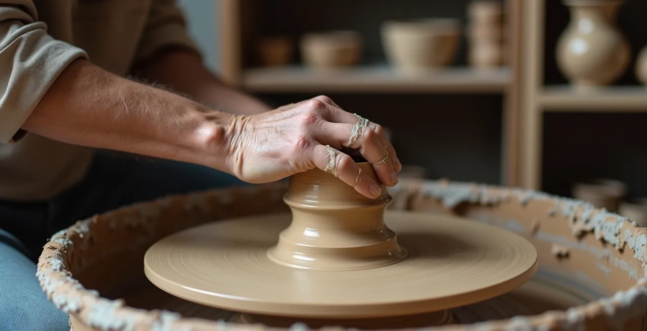 Mani di artigiano modellano argilla sul tornio in una pratica meditativa