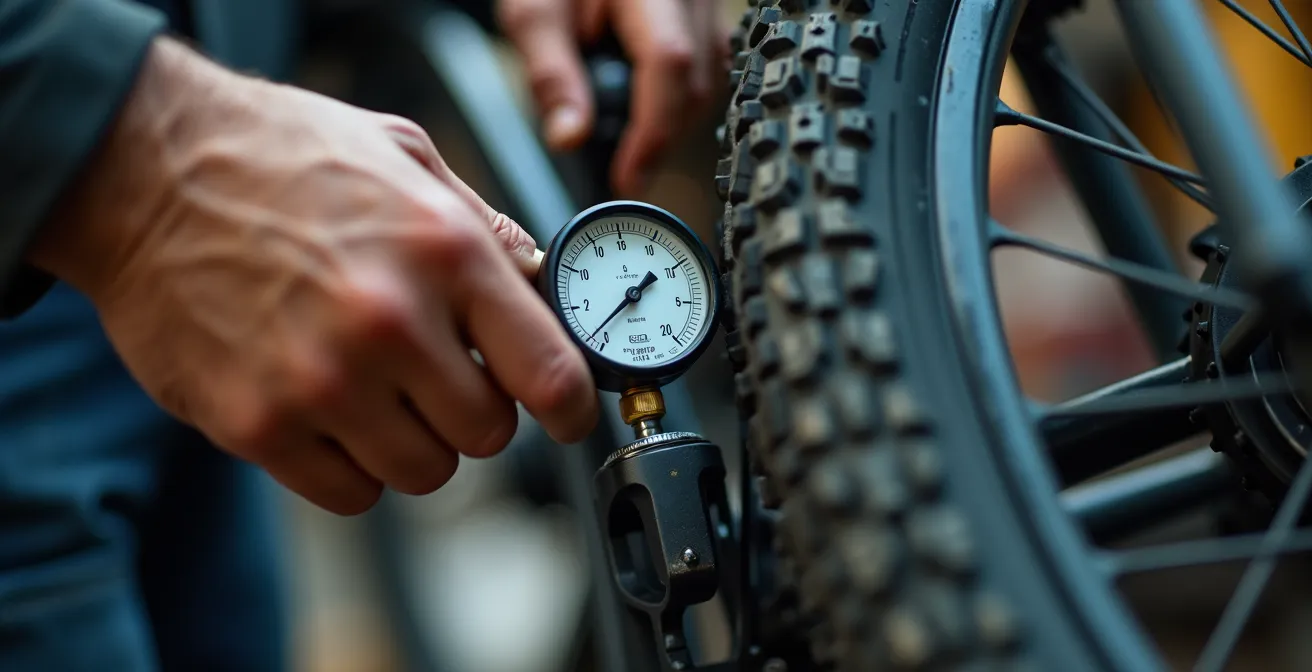 Dettaglio macro della mano che controlla la pressione del pneumatico con manometro professionale