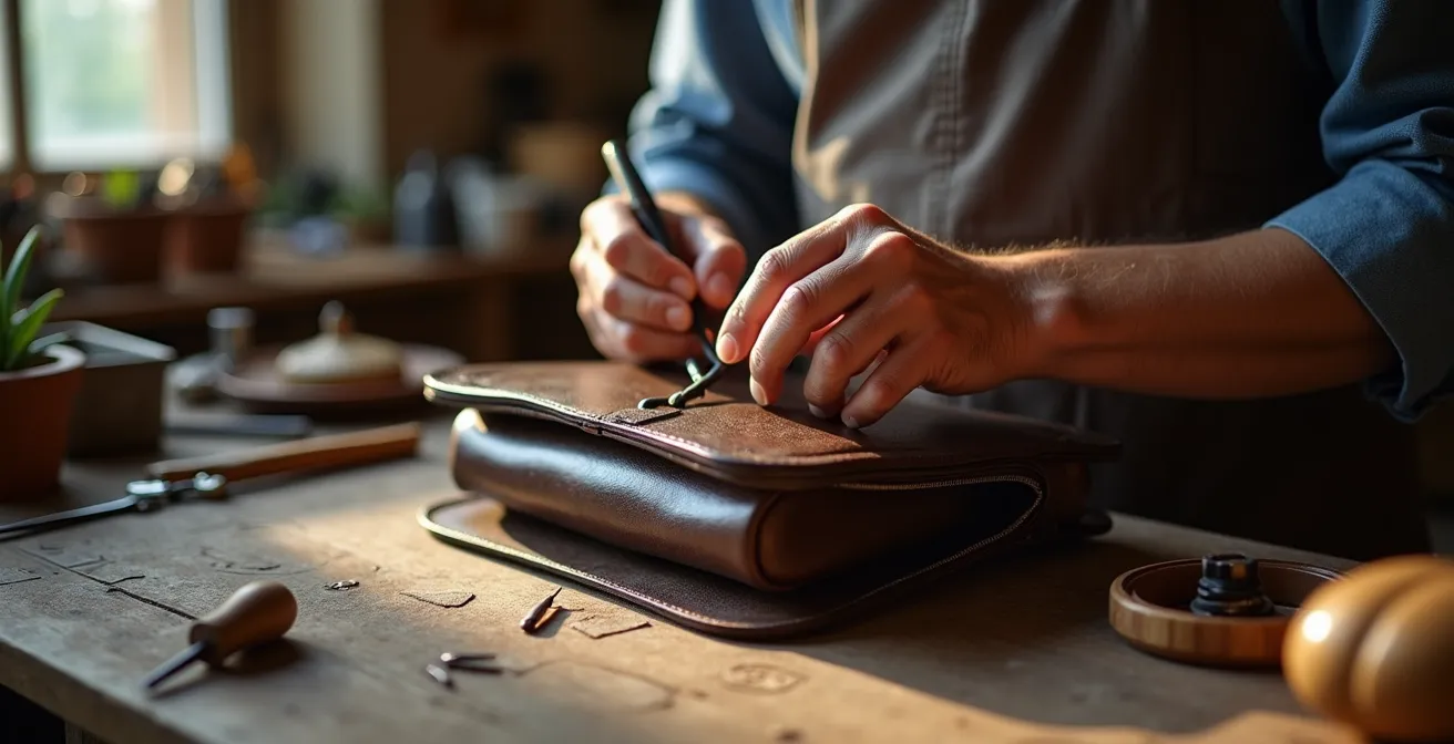 Artigiano italiano al lavoro su dettagli metallici di una borsa di lusso vintage