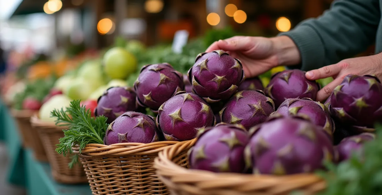 Banchi di frutta e verdura di stagione con carciofi romaneschi al Mercato di Testaccio