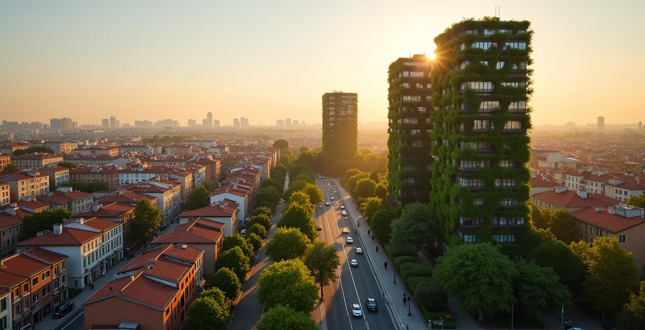 Vista aerea del quartiere Isola di Milano con grattacieli del Bosco Verticale al tramonto