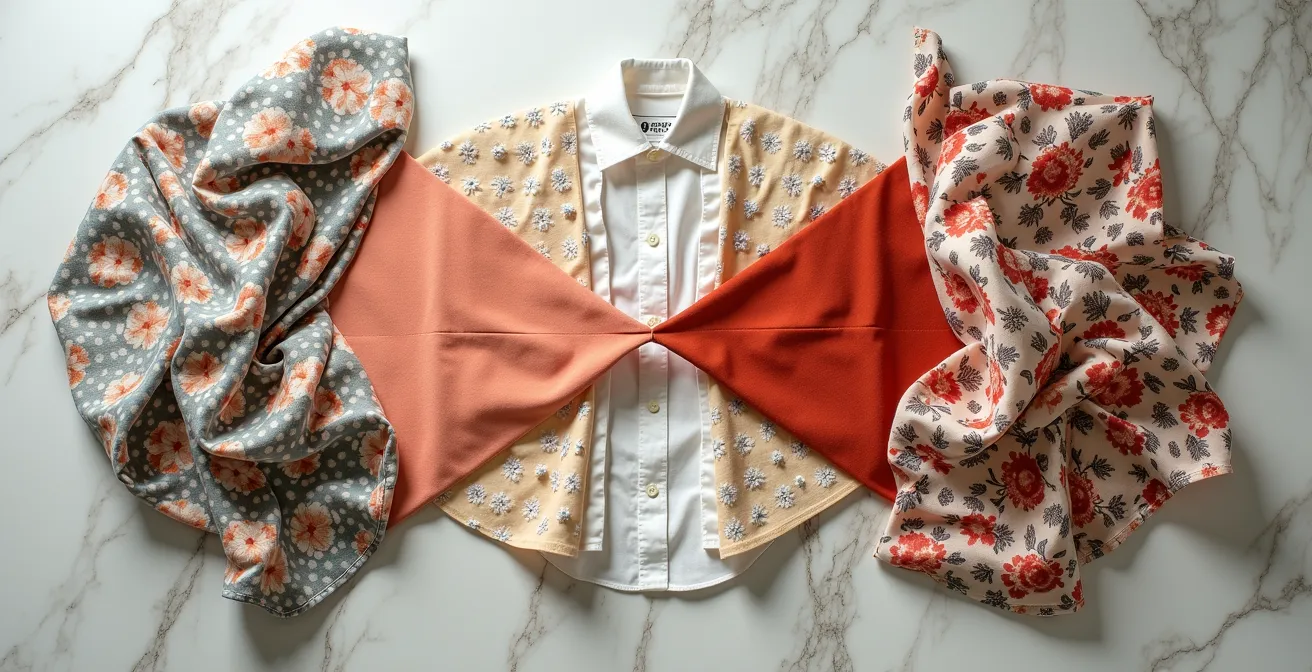 Composizione artistica di tessuti con stampe diverse armoniosamente abbinati secondo i principi del design italiano