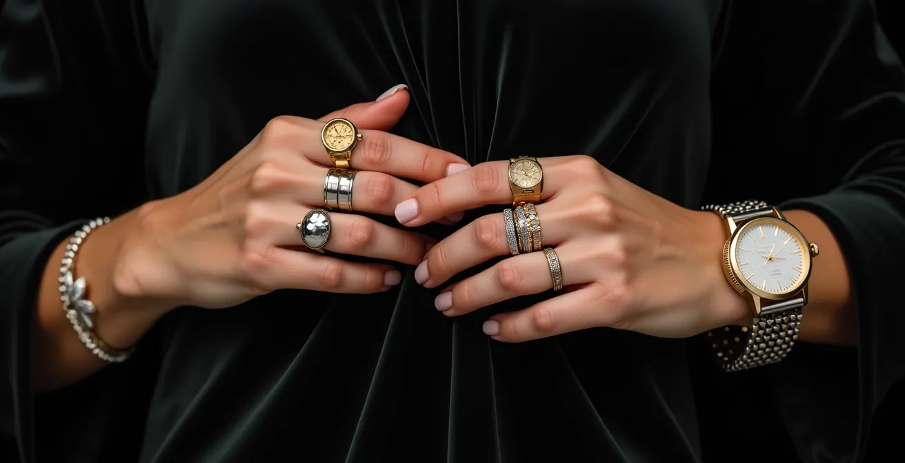 Mani eleganti con anelli e bracciali che mixano oro e argento secondo la tecnica dello stacking