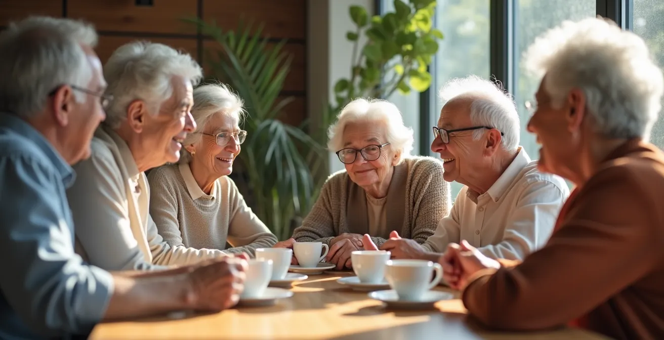 Interno moderno di condominio con servizi per anziani con spazi comuni luminosi