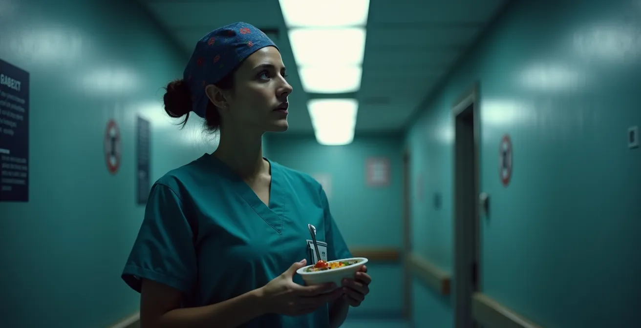 Operaio sanitario italiano durante turno notturno con illuminazione artificiale