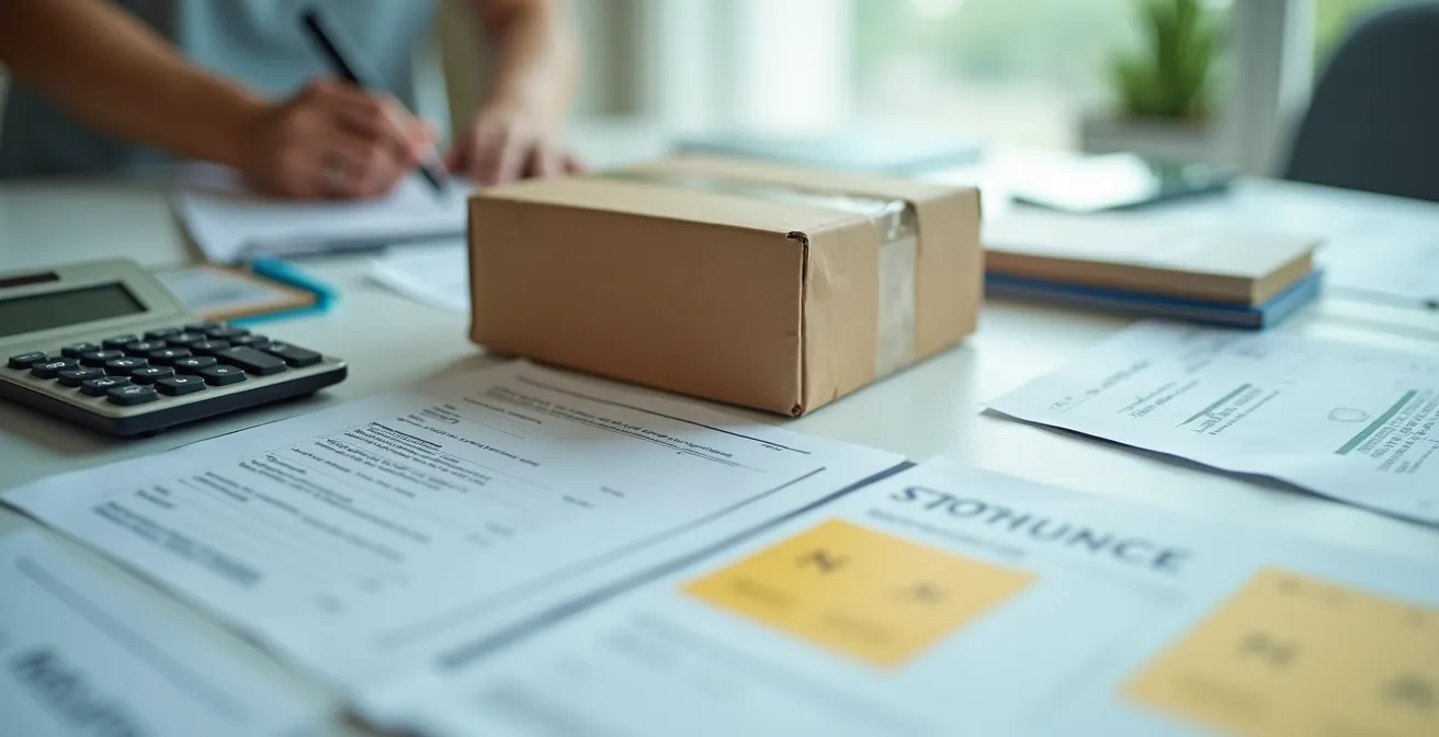 Pacco con documenti doganali e calcolatrice che mostra costi aggiuntivi