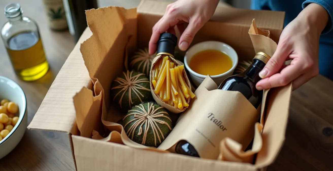 Mani che preparano un pacco con prodotti tipici regionali italiani da spedire