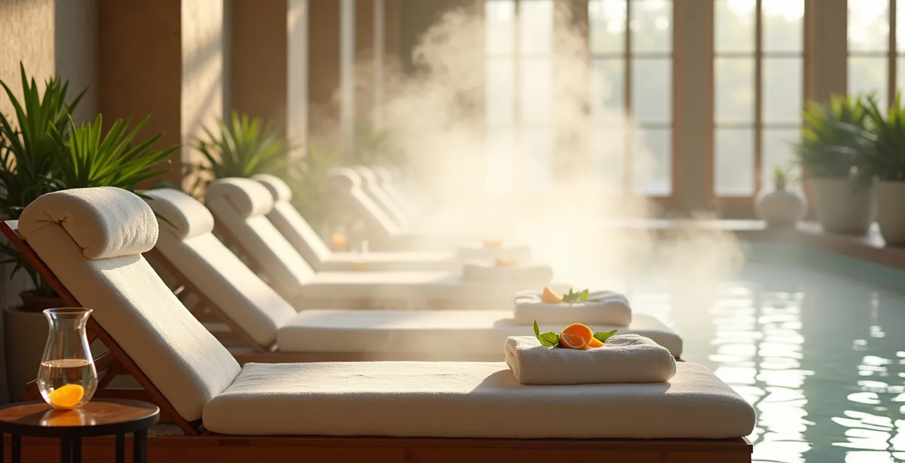 Sala relax terme italiane con lettini per reazione sudorale post-trattamento