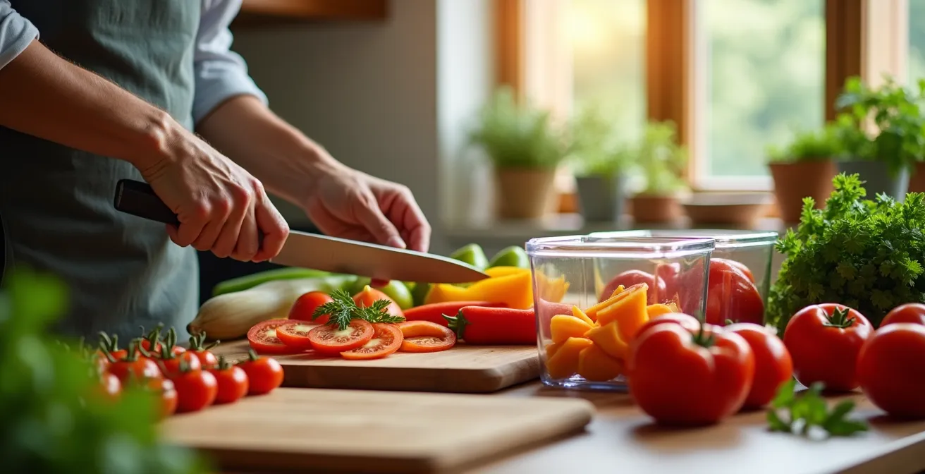 Verdure colorate tagliate e organizzate in contenitori per la settimana