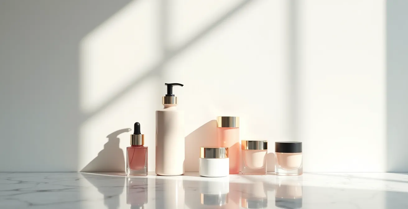 Composizione minimalista di prodotti ibridi skincare-makeup su superficie neutra