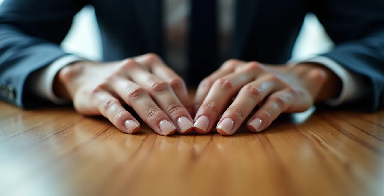 Dettaglio macro di mani appoggiate su scrivania con texture legno naturale e respiro visibile