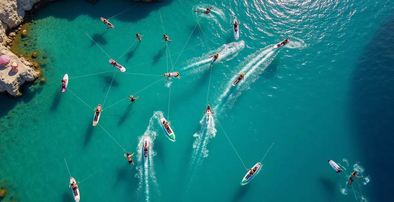 Vista aerea di kiters e paddlers che navigano rispettando le distanze di sicurezza in acque italiane