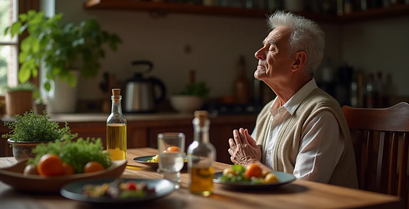 Persona che pratica la respirazione diaframmatica profonda prima del pasto in ambiente mediterraneo rilassante